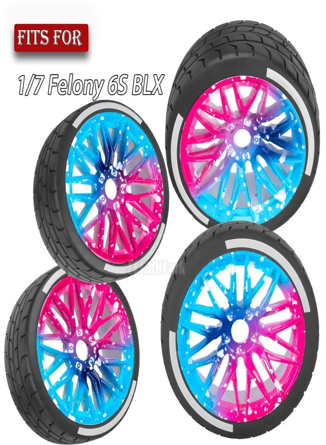 عجلات وإطارات BRCatWPark RC لسيارة Felony 6S BLX بمقياس 1/7، إطارات مطاطية للطرق السريعة، 4 قطع من إطارات الطرق السريعة الناعمة لسيارات الانجراف RC، أزرق وردي - Image 2